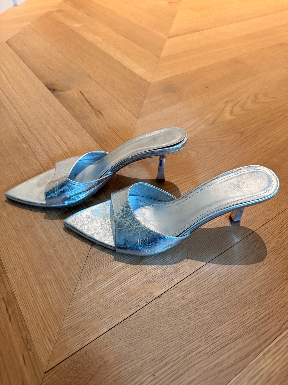 Zara Silver Pointed Open Toe Slide Heels - Metallic Women's Shoes - Picture 2 of 4
